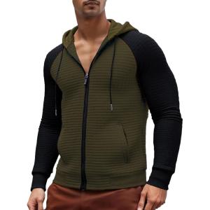Men’s Waffle Knit Hoodie Full Zip Up Hood Lightweight Long Sleeve Drawstring Casual Warm Sweatshirt Jacket with Pockets(Olive Green+black)