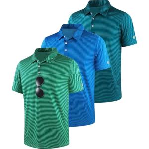 ZITY 3 Pack Golf Shirts for Men Short Sleeve UPF 50+ Performance Moisture Wicking Casual Striped Collared Polo Shirts(Green/Blue/Dark Blue Green)