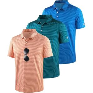ZITY 3 Pack Golf Shirts for Men Short Sleeve UPF 50+ Performance Moisture Wicking Casual Striped Collared Polo Shirts(Orange/Dark Blue Green/Blue)