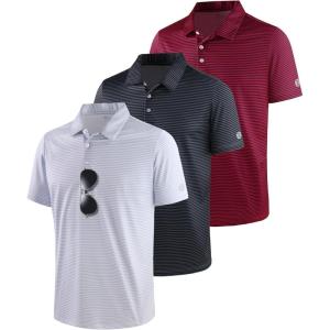 ZITY 3 Pack Golf Shirts for Men Short Sleeve UPF 50+ Performance Moisture Wicking Casual Striped Collared Polo Shirts(White/Black/Red)