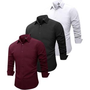 ZITY 3 Pack Mens Dress Shirts Solid Long Sleeve Business Casual Button Down Shirts(Black White Burgundy)