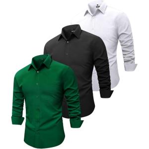 ZITY 3 Pack Mens Dress Shirts Solid Long Sleeve Business Casual Button Down Shirts(Green Black White)
