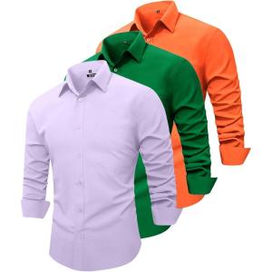 ZITY 3 Pack Mens Dress Shirts Solid Long Sleeve Business Casual Button Down Shirts(Orange+green+lavender Violet)