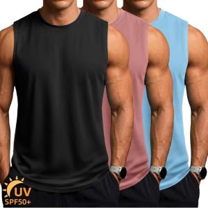 ZITY 3 Pack Men’s Sleeveless Shirts Quick Dry Tank Tops UPF 50+ Workout Gym Muscle Shirt for Running Bodybuilding Summer(Black/Pink/Light Blue)
