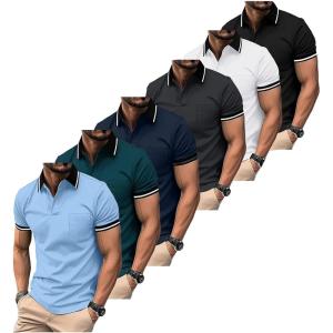 ZITY 6 Pack Men Polo Shirts Short Sleeve with Pocket Wicking Shirts for Men Casual Collared T-Shirts 8.3 Per Piece(Six Black Grey Navy White Blue Duckblue)