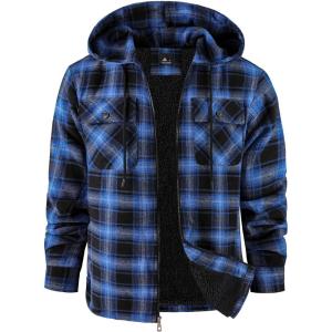 ZITY Flannel Jacket for Men Fleece Plaid Shirts Hoodie Zip Up Sherpa Lined Winter Warm Coat(Black Blue)