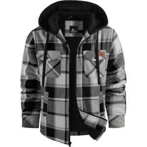 ZITY Flannel Jacket for Men Fleece Plaid Shirts Hoodie Zip Up Sherpa Lined Winter Warm Coat(Black Grey)
