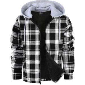ZITY Flannel Jacket for Men Fleece Plaid Shirts Hoodie Zip Up Sherpa Lined Winter Warm Coat(Black White)