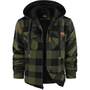 ZITY Flannel Jacket for Men Fleece Plaid Shirts Hoodie Zip Up Sherpa Lined Winter Warm Coat(Dark Green)
