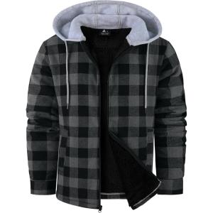 ZITY Flannel Jacket for Men Fleece Plaid Shirts Hoodie Zip Up Sherpa Lined Winter Warm Coat(Dark Grey)
