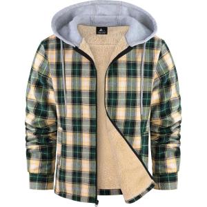 ZITY Flannel Jacket for Men Fleece Plaid Shirts Hoodie Zip Up Sherpa Lined Winter Warm Coat(Green Beige)