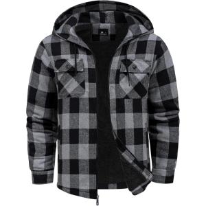 ZITY Flannel Jacket for Men Fleece Plaid Shirts Hoodie Zip Up Sherpa Lined Winter Warm Coat(Grey)