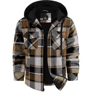 ZITY Flannel Jacket for Men Fleece Plaid Shirts Hoodie Zip Up Sherpa Lined Winter Warm Coat(Khaki Brown)