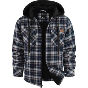 ZITY Flannel Jacket for Men Fleece Plaid Shirts Hoodie Zip Up Sherpa Lined Winter Warm Coat(Navy Black)