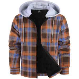 ZITY Flannel Jacket for Men Fleece Plaid Shirts Hoodie Zip Up Sherpa Lined Winter Warm Coat(Orange Blue)