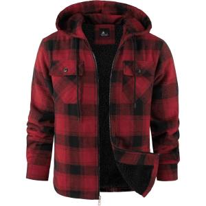 ZITY Flannel Jacket for Men Fleece Plaid Shirts Hoodie Zip Up Sherpa Lined Winter Warm Coat(Red Black)
