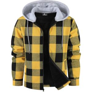 ZITY Flannel Jacket for Men Fleece Plaid Shirts Hoodie Zip Up Sherpa Lined Winter Warm Coat(Yellow Black)