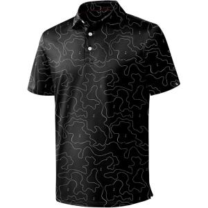 ZITY Golf Shirts for Men Short Sleeve Print Polo Shirt Moisture Wicking Regular Fit Casual Beach Polo(Black Curve)