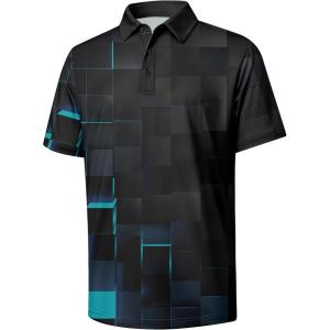 ZITY Golf Shirts for Men Short Sleeve Print Polo Shirt Moisture Wicking Regular Fit Casual Beach Polo(Black Geometry)