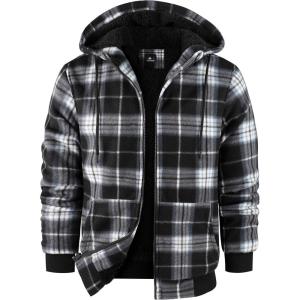 ZITY Hoodies for Men Flannel Fleece Sweatshirt Plaid Full Zip Up Jacket Sherpa Lined Winter Warm Coat(Black White)