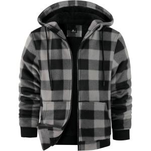 ZITY Hoodies for Men Flannel Fleece Sweatshirt Plaid Full Zip Up Jacket Sherpa Lined Winter Warm Coat(Dark Gray)