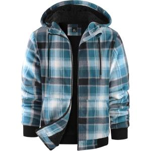ZITY Hoodies for Men Flannel Fleece Sweatshirt Plaid Full Zip Up Jacket Sherpa Lined Winter Warm Coat(Light Blue White)
