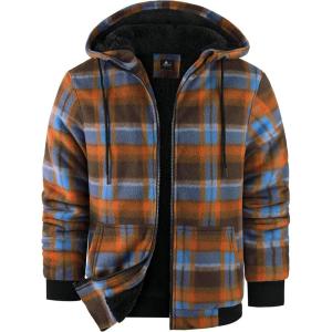 ZITY Hoodies for Men Flannel Fleece Sweatshirt Plaid Full Zip Up Jacket Sherpa Lined Winter Warm Coat(Orange Blue)