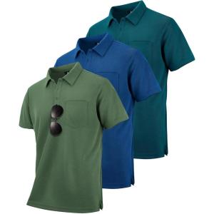 ZITY Men’s 3 Pack Polo Shirts Short Sleeve with Pocket Moisture Wicking Casual Work Golf Lightweight Collared T-Shirts(Army Green+royal Blue+dark Teal Blue)