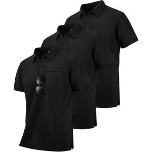 ZITY Men’s 3 Pack Polo Shirts Short Sleeve with Pocket Moisture Wicking Casual Work Golf Lightweight Collared T-Shirts(Black)