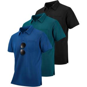 ZITY Men’s 3 Pack Polo Shirts Short Sleeve with Pocket Moisture Wicking Casual Work Golf Lightweight Collared T-Shirts(Black+dark Teal Blue+royal Blue)