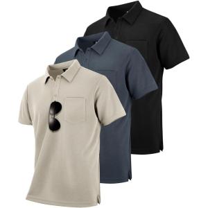 ZITY Men’s 3 Pack Polo Shirts Short Sleeve with Pocket Moisture Wicking Casual Work Golf Lightweight Collared T-Shirts(Black+grey+apricot)