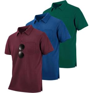 ZITY Men’s 3 Pack Polo Shirts Short Sleeve with Pocket Moisture Wicking Casual Work Golf Lightweight Collared T-Shirts(Forest Green+wine Red+royal Blue)