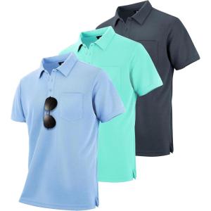 ZITY Men’s 3 Pack Polo Shirts Short Sleeve with Pocket Moisture Wicking Casual Work Golf Lightweight Collared T-Shirts(Grey+light Blue+emerald Blue)