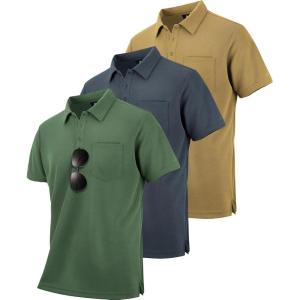 ZITY Men’s 3 Pack Polo Shirts Short Sleeve with Pocket Moisture Wicking Casual Work Golf Lightweight Collared T-Shirts(Khaki+grey+army Green)