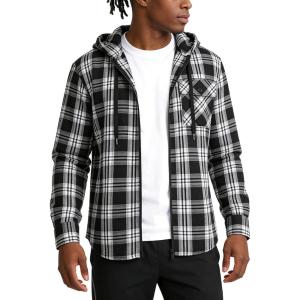 ZITY Men’s Cotton Linen Zip up Hoodies Long Sleeve Casual Tops Plaid Flannel Shirt with Hood(Black Grey)