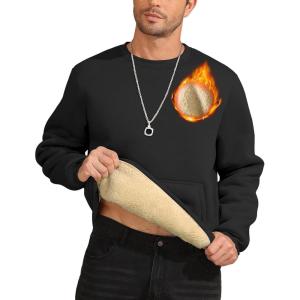ZITY Men’s Crewneck Sweatshirts Sherpa Lined Sweatshirt Warm Soft Heavyweight Winter Pullover Kangaroo with Pouch Pocket(Black)
