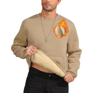 ZITY Men’s Crewneck Sweatshirts Sherpa Lined Sweatshirt Warm Soft Heavyweight Winter Pullover Kangaroo with Pouch Pocket(Light Brown)