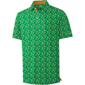 ZITY Men’s Golf Polo Shirt Short Sleeve Performance Moisture Wicking Collared Print Shirt for Golf and Casual Wear(Flag Four-leaf Green)