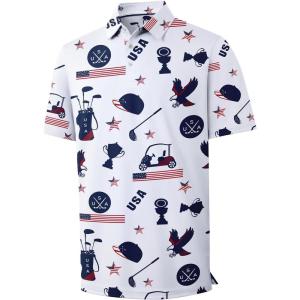 ZITY Men’s Golf Polo Shirt Short Sleeve Performance Moisture Wicking Collared Print Shirt for Golf and Casual Wear(Independence Day Golf)