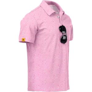 ZITY Mens Golf Polo Shirts Short Sleeve UPF 50+ Performance Moisture Wicking Print Pattern Casual Collared Golf Shirt for Men(Pink White)