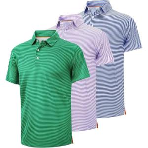 ZITY Men’s Golf Polo Shirts Striped Moisture Wicking Performance Mens Polo Shirts Short Sleeve Golf Polo Shirts for Men(3 Pack-blue+green+light Purple)
