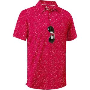 ZITY Mens Golf Shirt Short Sleeve Moisture Wicking Performance Daily Casual Print Patterns Collared Golf Polo Shirts for Men(Deep Red)