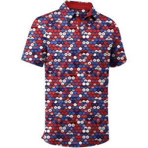 ZITY Mens Golf Shirt Short Sleeve Moisture Wicking Performance Daily Casual Print Patterns Collared Golf Polo Shirts for Men(Red White Blue)