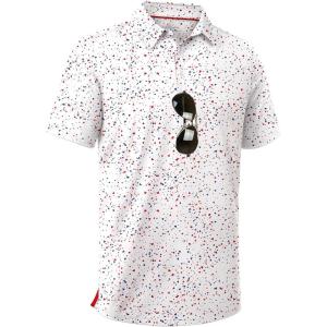 ZITY Mens Golf Shirt Short Sleeve Moisture Wicking Performance Daily Casual Print Patterns Collared Golf Polo Shirts for Men(White Red Dots)
