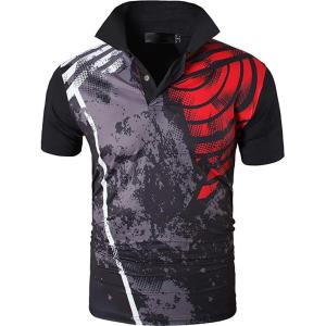 ZITY Mens Golf Shirt Short Sleeve Performance Athletic Sport Moisture Wicking Tennis Print Tee Collared Polo Shirts for Men(Black Red)
