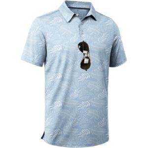 ZITY Men’s Golf Shirts Short Sleeve Moisture Wicking Performance Print Patterns Casual Collared Golf Polo Shirt for Men(Light Blue Leaf)