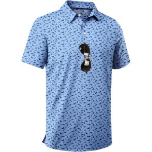 ZITY Men’s Golf Shirts Short Sleeve Moisture Wicking Performance Print Patterns Casual Collared Golf Polo Shirt for Men(Moon Blue Dinosaur)