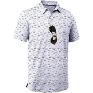 ZITY Men’s Golf Shirts Short Sleeve Moisture Wicking Performance Print Patterns Casual Collared Golf Polo Shirt for Men(White Golf Cart)