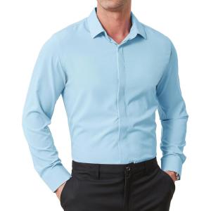 ZITY Mens Hidden Placket Dress Shirts Long Sleeve Button Down Shirt Business Casual Shirts(Blue)