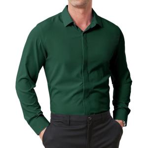 ZITY Mens Hidden Placket Dress Shirts Long Sleeve Button Down Shirt Business Casual Shirts(Dark Green)